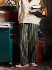 LIZAKOSHT  -  Vintage Retro Green Striped Print Wide Leg Pants Women Korean Style Oversize High Elastic Brown Trousers for Female 2022