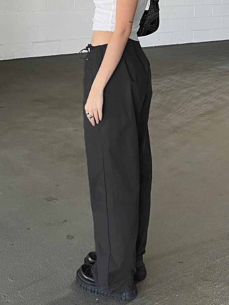 Lizakosht Fashion y2k Cargo Pants Drawstring Low Rise Baggy Straight Casual Pants Women Streetwear All-Match Trousers Harajuku 90s Legging