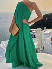 Summer Fashion Skew Collar Backless Beach Dresses Elegant Solid One Shoulder Big Hem Dress Women Irregular Loose Slit Maxi Dress