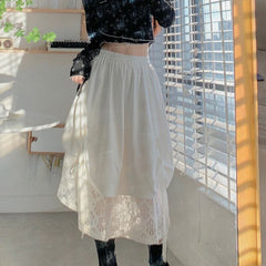 HOUZHOU Long Skirts Lace Patchwork Women Harajuku Irregular High Waist Bow Bandage A-line Midi Skirt Kawaii Japanese Streetwear