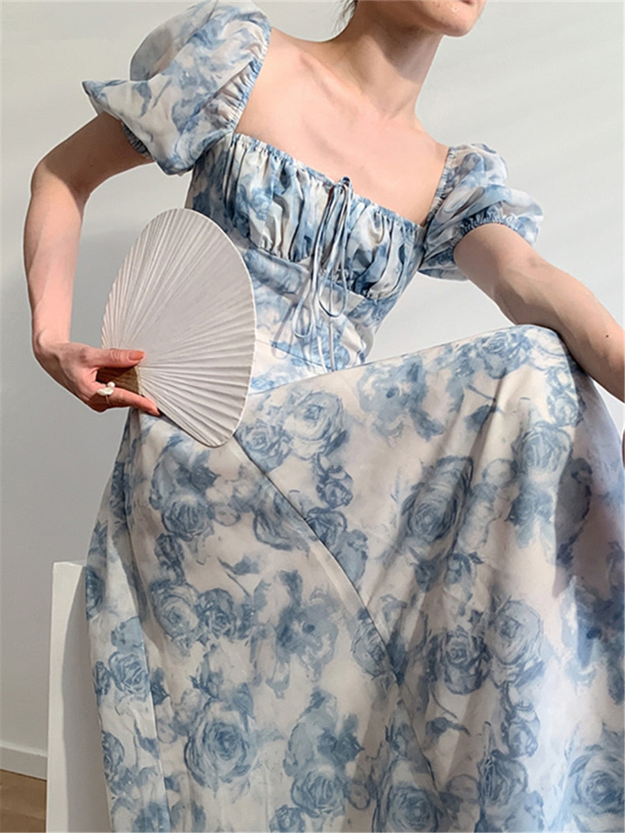 Lizakosht Midi Dress Elegant Square Collar Lace-up Women Floral Summer Puff Sleeve Slim Waist Female Split A-line Dresses Female Clothes