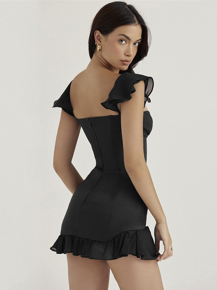 Mozision Sexy Off Shoulder Strapless Mini Dress Women Robe Black Sleeveless Backless Ruffle Bodycon Party Club Dress Vestido