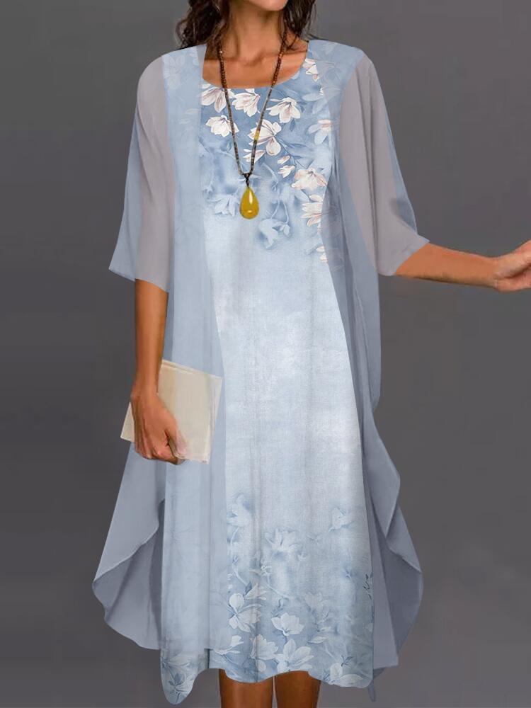Spring Summer Women Sleeveless Dress Chiffon Irregular Coat Two Piece Set 2022 Lace Printed A-LINE O-Neck Casual Dresses