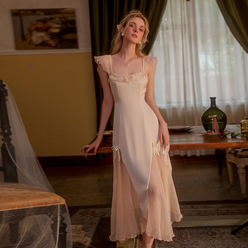 Lizakosht Nightdress New Spring Autumn Women Elegant Holiday Dresses Puff Sleeve Slash Neck Off Shoulder Smocked Apricot color Dresses