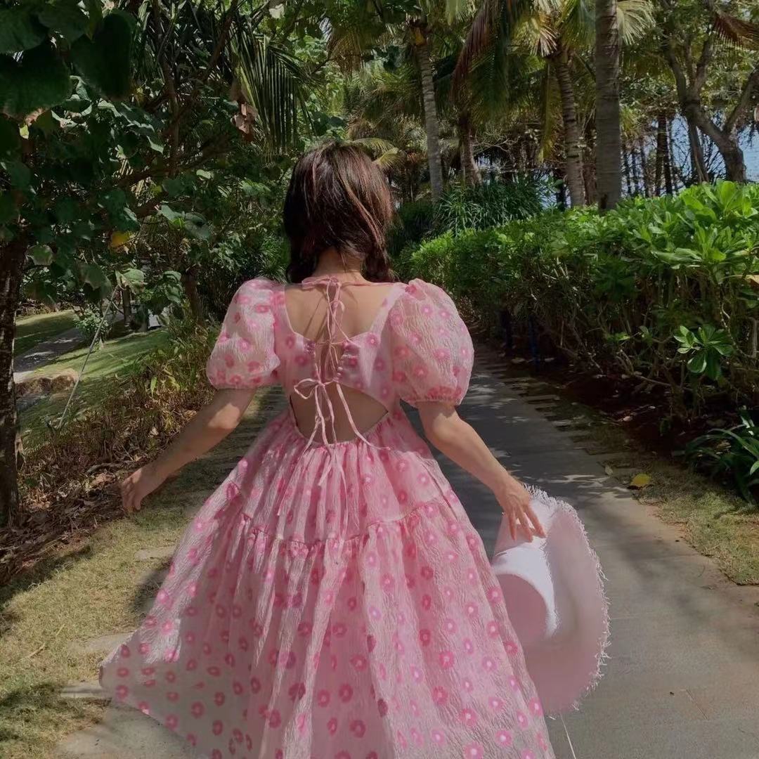 Pink Elegant Sweet Dress Women Kawaii Floral Casual Korean Pretty Dress Female Princess Designer Beach Fairy Dress Summer 2022