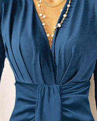 Wepbel Slim-Fit Evening Dress Women Long Sleeve Slim Fits Lace Up OL Bodycon Dress Crimp V-neck Long Sleeve Silk Sexy Dress