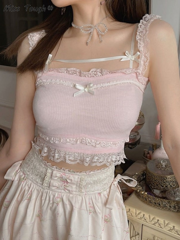 Pink Japanese Kawaii Lolita Crop Top Women White Korean College Style Sweet Tank Top Bow Lace France Princess Vset Female 2022