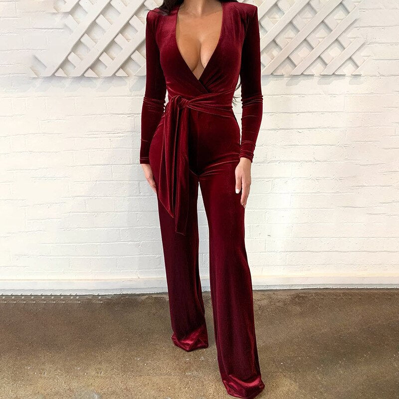 Spring Autumn Women's Sexy Deep V Neck Long Jumpsuit Workwear Ladies Wide Leg Black Velvet Jumpsuit Jumpsuit with Belt Jumpsuit