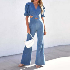 Lizakosht Fashion Solid Color Straight Office Overall Summer V-Neck Puff Sleeve Denim Jumpsuit New Elegant Hollow Out High Street Playsuit