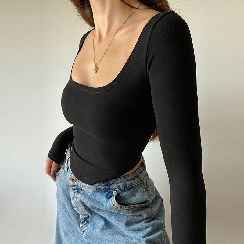 CasualSquare Collar Long Sleeve T Shirts Women Sexy Solid Basic Crop Tops 2022 Autumn Fashion Streetwear Skinny T-shirt