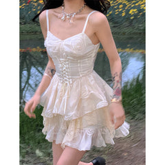 Lizakosht  Summer Y2k Women Sexy Corset Dress Vintage Princess Short Dresses Lace Up Spaghetti Strap Satin Mini Dress