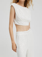 Lizakosht Summer Women'S Clothes Set Fashion Sequin Splicing Temperament Sleeveless Vest And Slim-Fit Mid-Waist Flared Pants Two-Piece Set