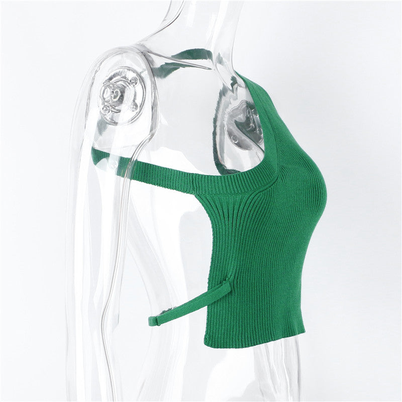Lizakosht 2022 Knitted Backless Crop Top Women Green Sleeveless Summer Y2K Tank Tops Sexy Casual Cami Off Shoulder Basic