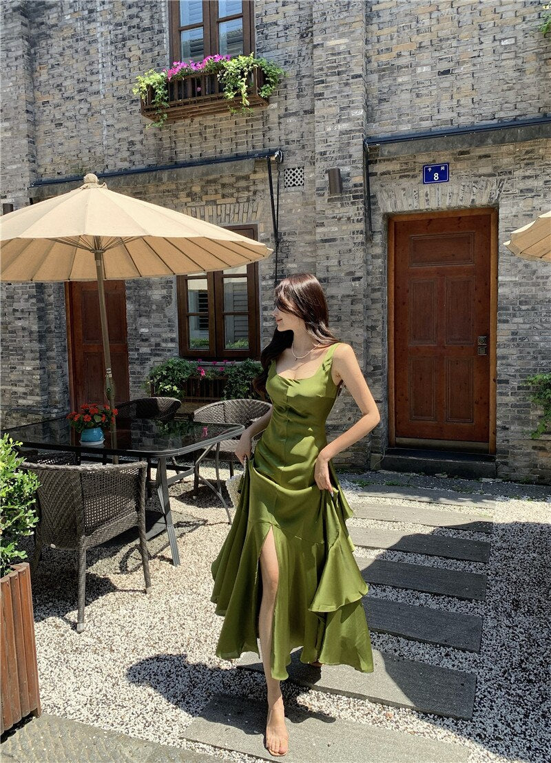 Lizakosht Imitation Acetate Satin Suspender Dress Long Dress Summer Mermaid Tail Large Hem Ruffled Holiday Dress