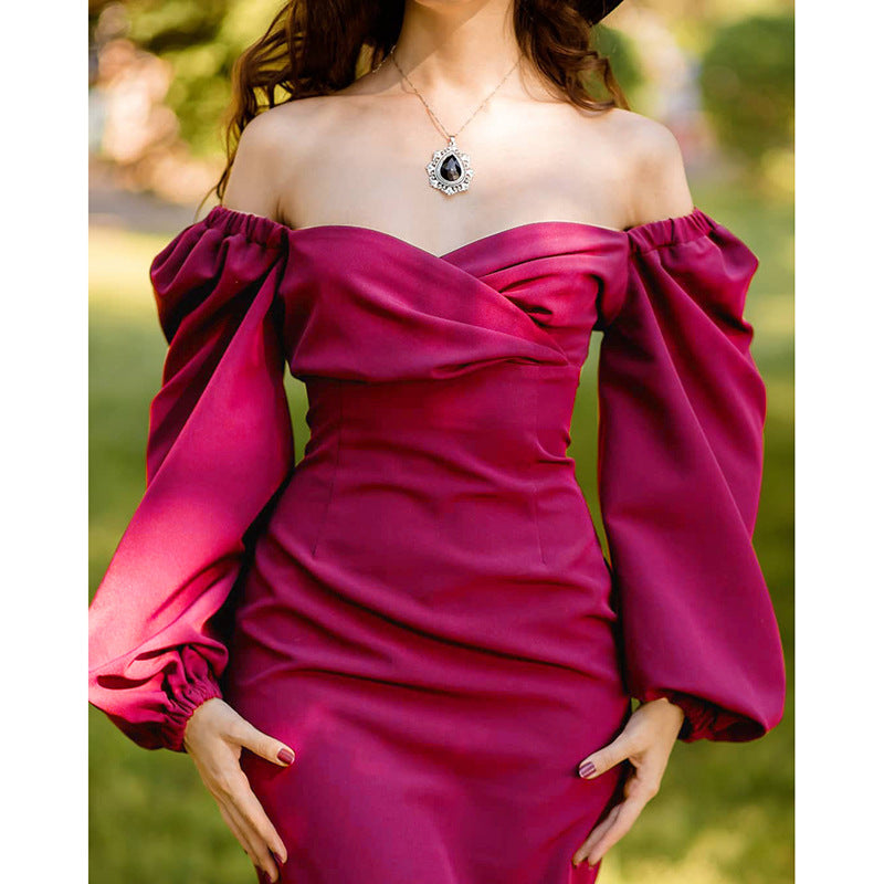 Elegant Evening Party Long Dress Women Long Lantern Sleeve V Neck French Slim Dresses Spring Summer Solid Streetwear Sexy Dress