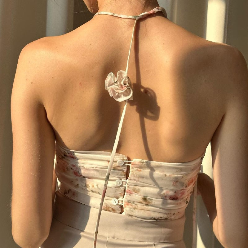 Lizakosht Floral Print Vest for Women Halter Hollow Out Patchwork Three -dimensional Flowers Crop Tops Female Summer New