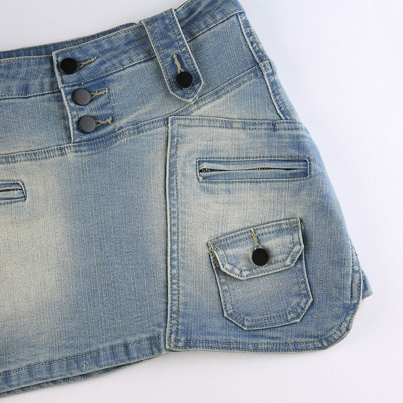 Lizakosht Street Trend Irregular Women's Denim Skirt Fashion Pocket Design Gradient Color Hip Skirt Casual Women Short Skirts New