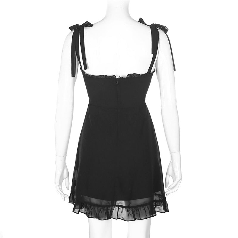 Lizakosht  Ruffled Lace Suspender Skirt Temperament Short Skirt Hepburn Sexy Personality Black