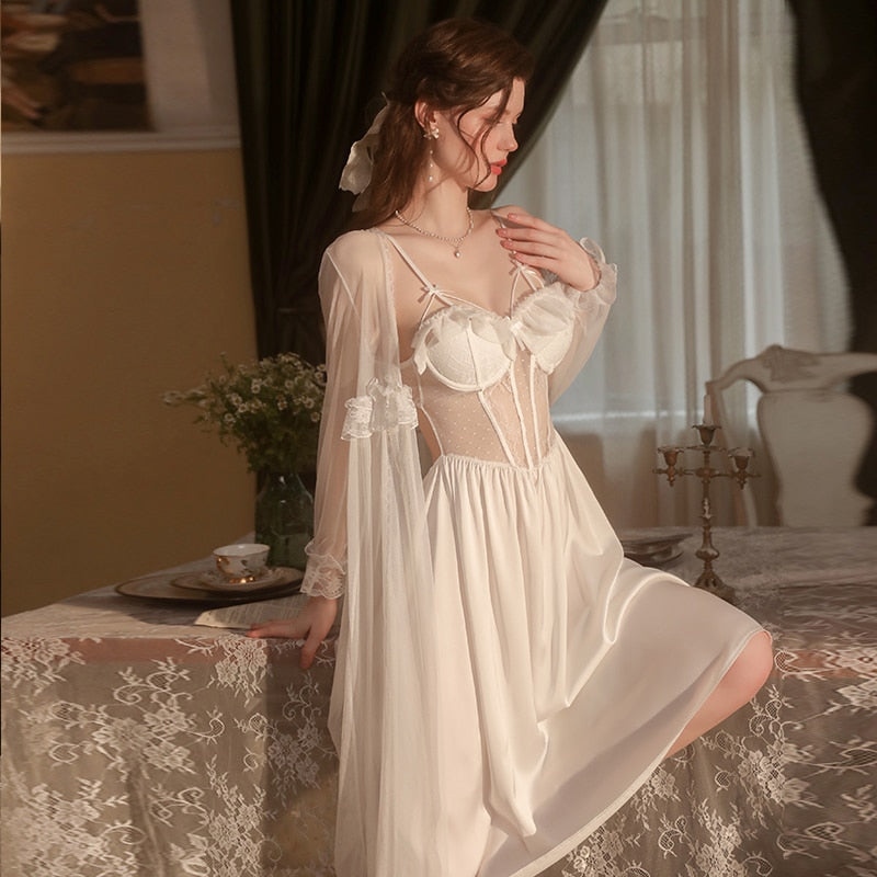 Lizakosht Victorian Night Pajamas Sets Women Sexy Wedding Bride Robe Lace Sleepwear Backless Lingerie Night Camisolas Nightwear Summer