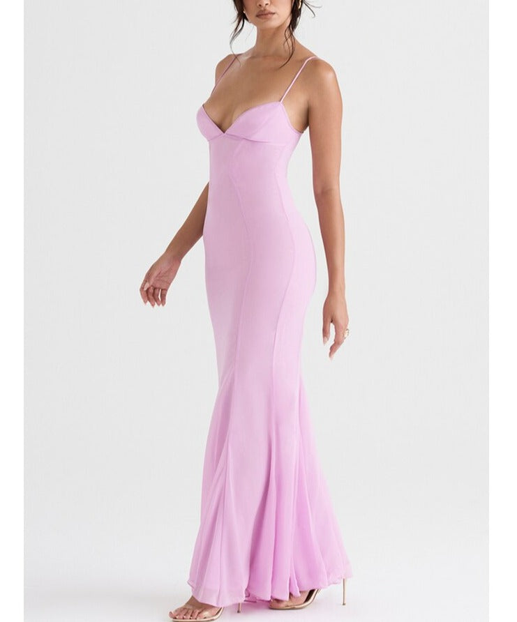 Lizakosht Sexy V Neck Sling Backless Maxi Mermaid Dress Elegant Pink Spaghetti Strap Bodycon Long Dress Mermaid Gown Celebrity Party Dress