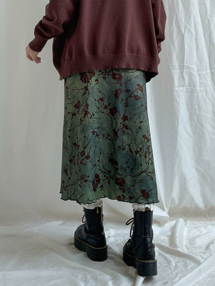 Lizakosht  Vintage Printed Long Skirt Women Y2k Grunge Green Cottagecore Low Waist Slim Straight Midi Skirt Girls 90s Aesthetic