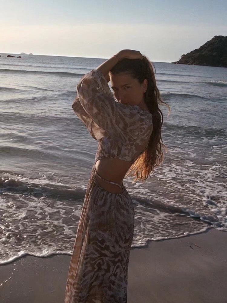 Lizakosht Ladies Fashion Cutout Design Print Dress Long Sleeve Back Cross Strap Backless Fashion Long Dress