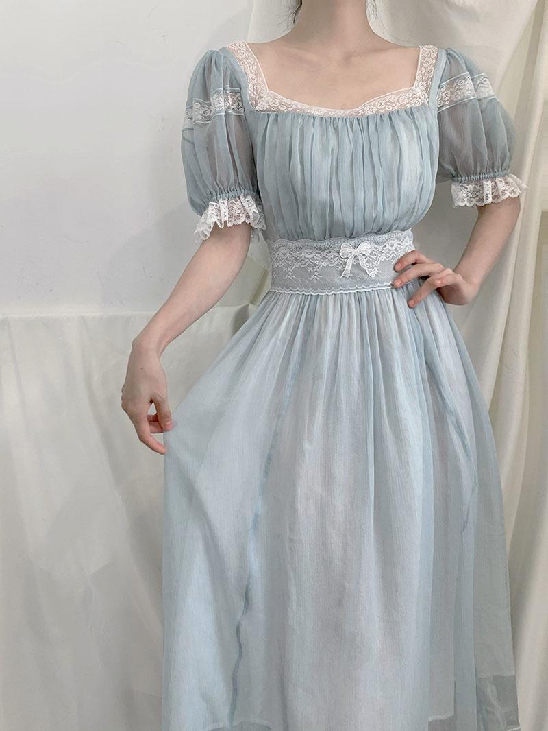 Fairy Party Dress Women Summer Vintage Blue Lace Meash Princess Dress Kawaii Lolita Elegant Casual One Piece Vestido