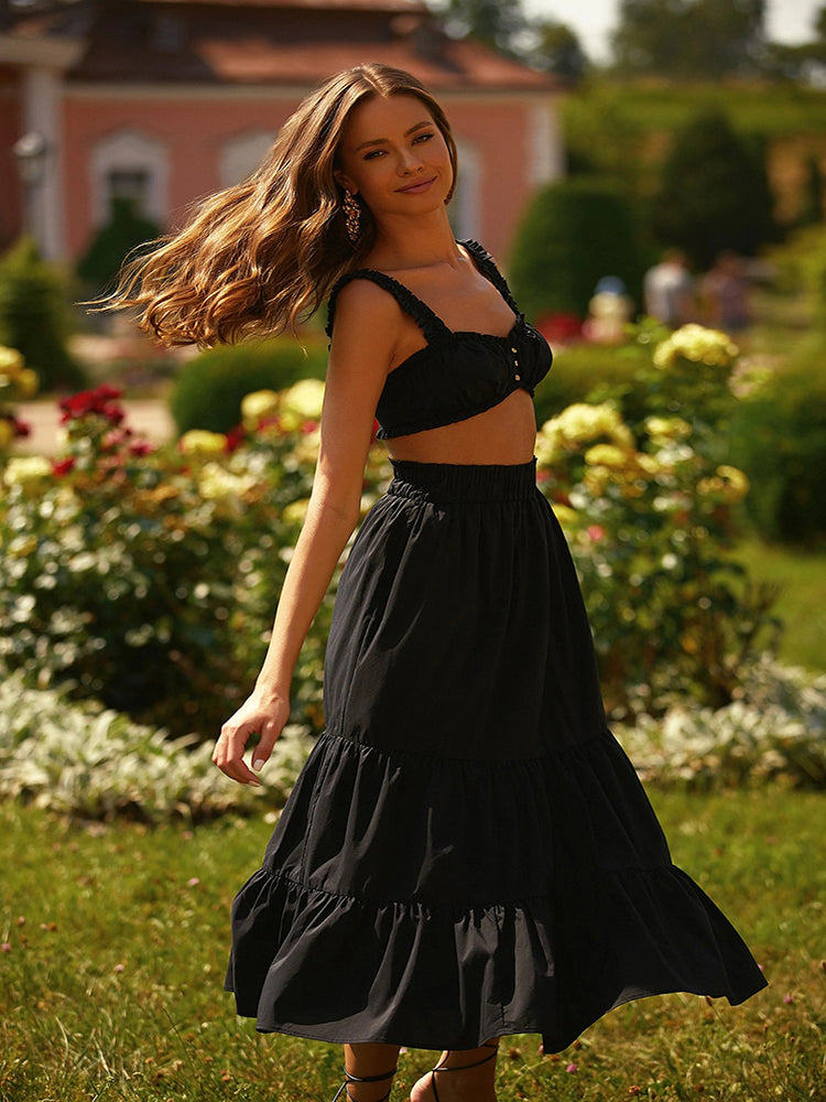 Summer Women'S Word-neck Suspenders Sleeveless Red Cropped Top Sexy Open Back Casual Black Stitching Skirt Two-piece