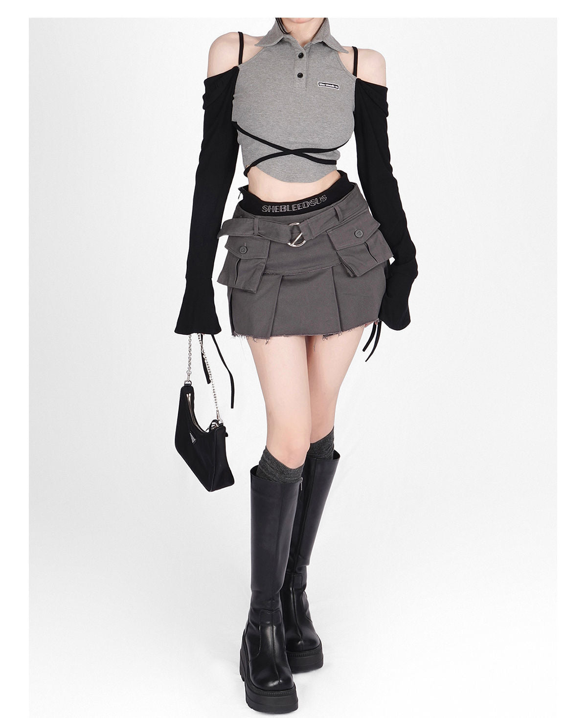 Lizakosht Denim Cargo Skirt Women Vintage High Waist Pocket Belt Pleated Mini Skirt Sexy Fake Two-piece Patchwork Streetwear Y2k