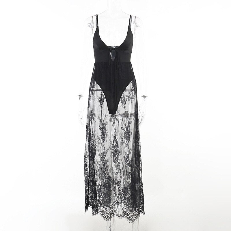 Lizakosht Party Club Lace Fake Two-piece One-piece Maxi Dress Sexy Bodycon Hot Girl Holiday Style Long Female Dress Y2k Clothes