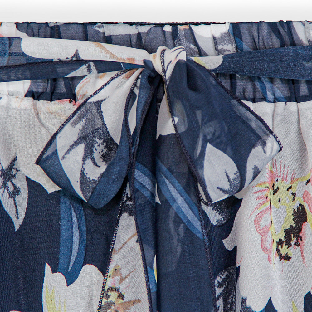 Summer Women Flower Printing High Waist Skirt Chiffon With Belt Ladies Vintage Elegant Skirts Pleated
