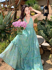 Lizakosht Maxi Bohemian Dresses Woman Summer Green Strappy Sundress Female Fashion Casual Long Beach Sundress Chic Printed Boho Dress