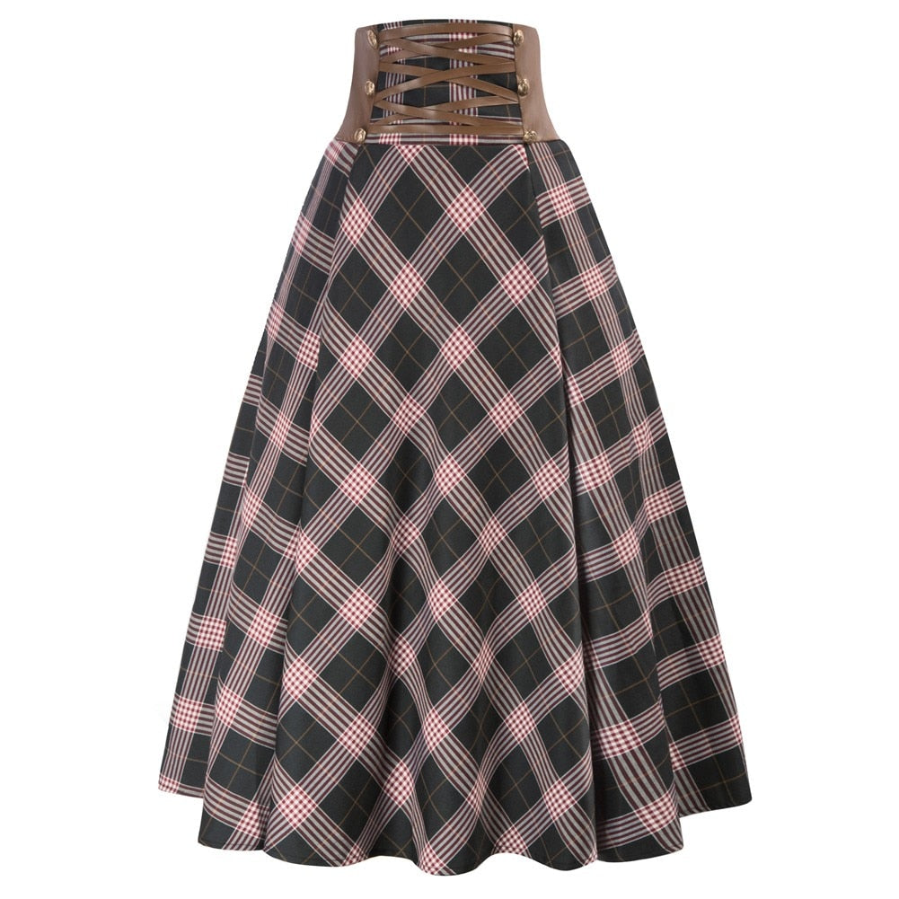 SD Womens Plaid Skirts Vintage Renaissance Corset Waisted Skirt High Waist Buttons Elegant Beach Harajuku Long A-Line Skirt