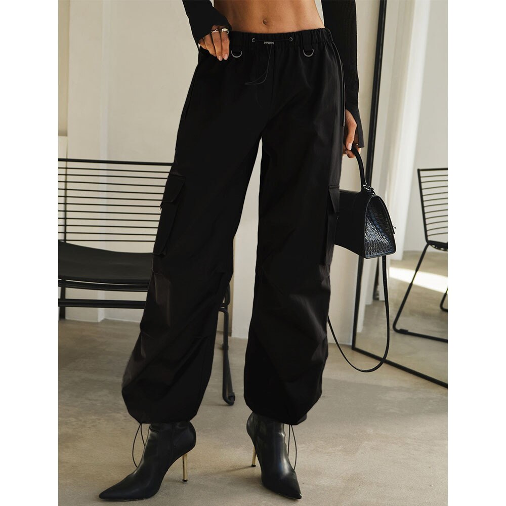 Lizakosht Large Pocket Neutral Wind Cargo Pants Women Drawstring Casual Wide Leg Pants Baggy Straight Trousers Female Clothes