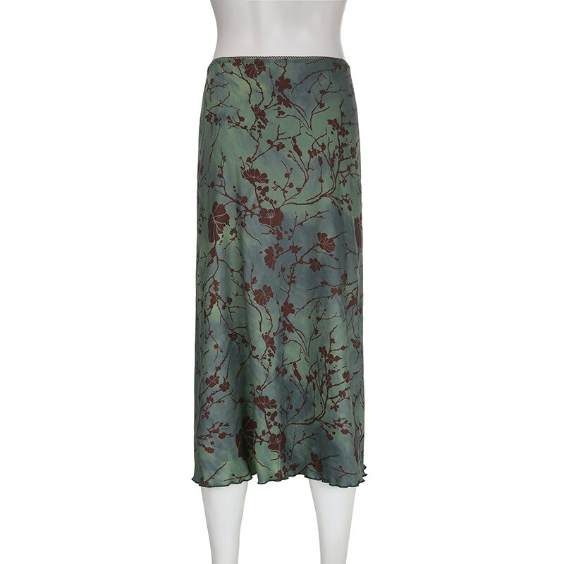 Lizakosht  Vintage Printed Long Skirt Women Y2k Grunge Green Cottagecore Low Waist Slim Straight Midi Skirt Girls 90s Aesthetic