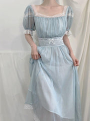 Fairy Party Dress Women Summer Vintage Blue Lace Meash Princess Dress Kawaii Lolita Elegant Casual One Piece Vestido