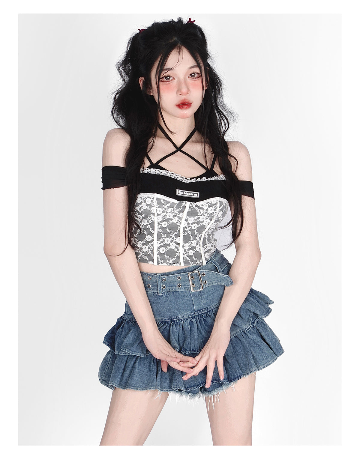 HOUZHOU Belts Y2k Pleated Denim Skirt Women Sexy Egirl Double Layer Ruffle Patchwork High Waist Jean Skirt Shorts Punk Summer