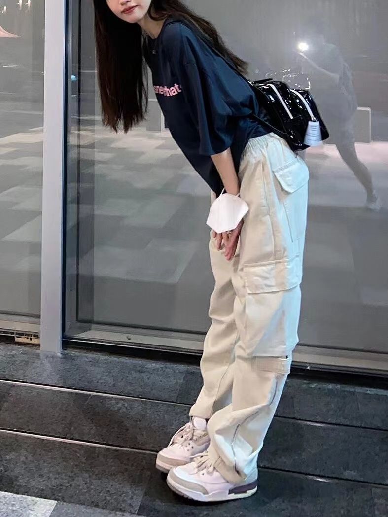 Retro Couples Straight New Oversized Pocket Cargo Pants Girls Casual Pants Streetwear Wide Leg Pants Apricot Cargo Pants