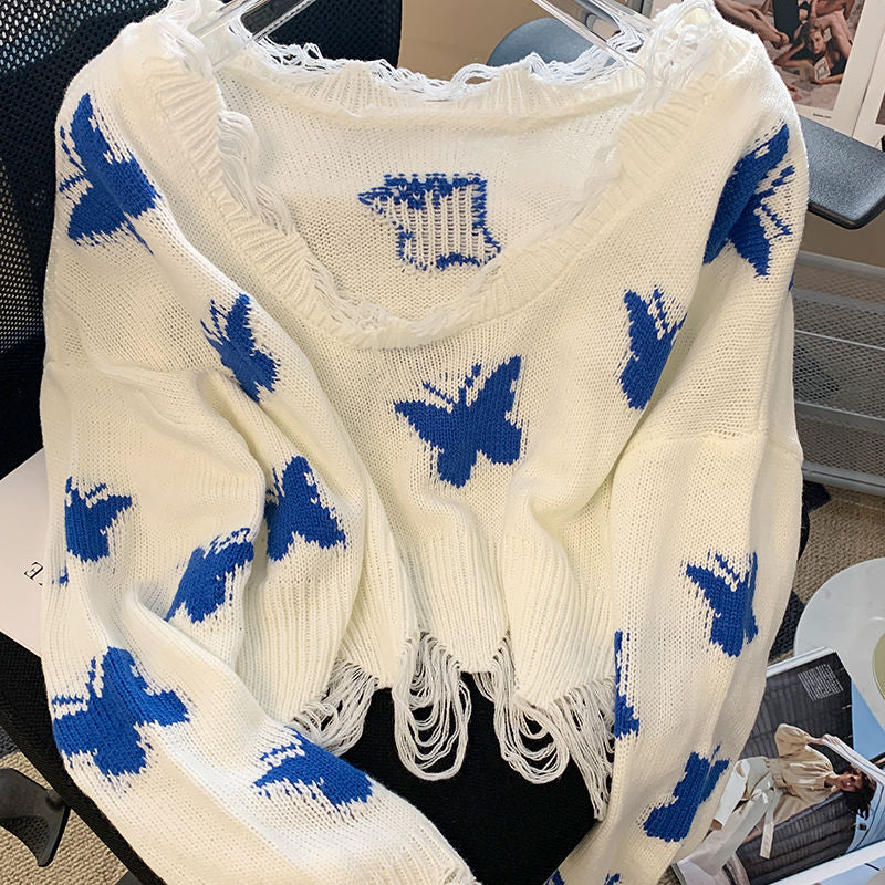 Butterfly knitted top off-shoulder ripped short summer new Korean style lazy commuter style short sweater women sweater