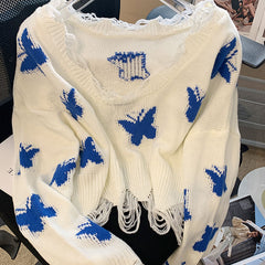 Butterfly knitted top off-shoulder ripped short summer new Korean style lazy commuter style short sweater women sweater