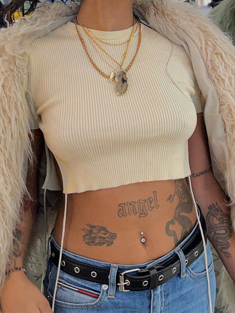 Lizakosht Casual Sexy Women Slit Hem Short Tees Summer Street Style Wear Fashion Solid Short Sleeve Round Neck Rib Slim Mini T-shirts
