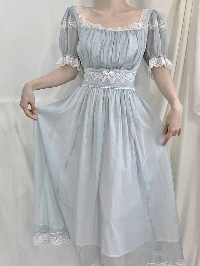 Fairy Party Dress Women Summer Vintage Blue Lace Meash Princess Dress Kawaii Lolita Elegant Casual One Piece Vestido