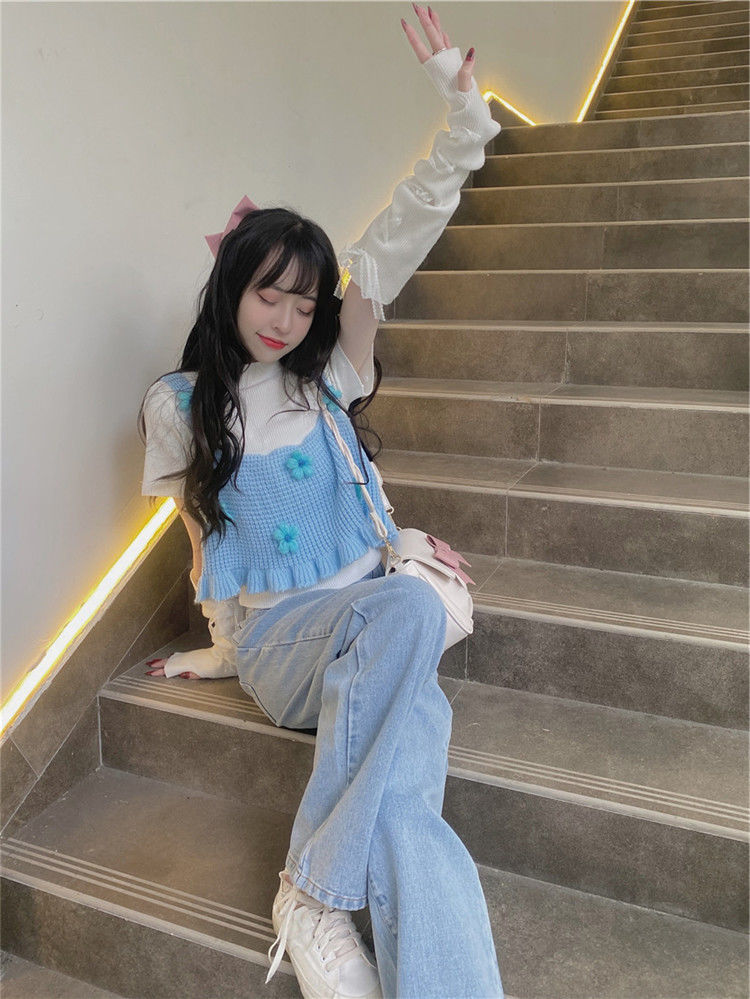 Japanese Kawaii Sweet Tank Top Women Blue Floral France Elegant Cute Tanks Female Casual Korean College Style Vset Summer 2022