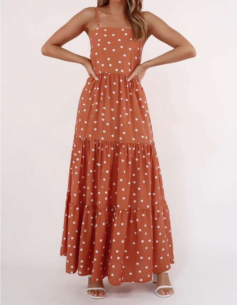 Lizakosht European and American Summer New Sexy Sling with Large Swing Polka Dot Dress Women's Long Dress Open Back