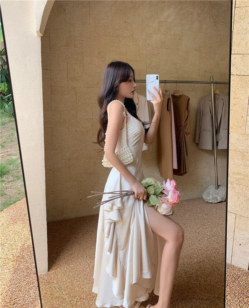 Lizakosht Imitation Acetate Satin Suspender Dress Long Dress Summer Mermaid Tail Large Hem Ruffled Holiday Dress
