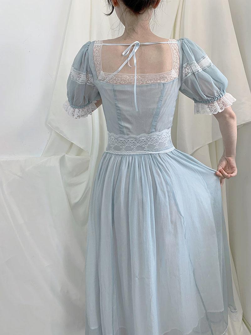 Fairy Party Dress Women Summer Vintage Blue Lace Meash Princess Dress Kawaii Lolita Elegant Casual One Piece Vestido