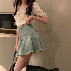 HOUZHOU Vintage Denim Mini Skirt Women Distressed Fringe Sweet High Waist Temperament A-line Pleated Skirt Summer Japanese Style
