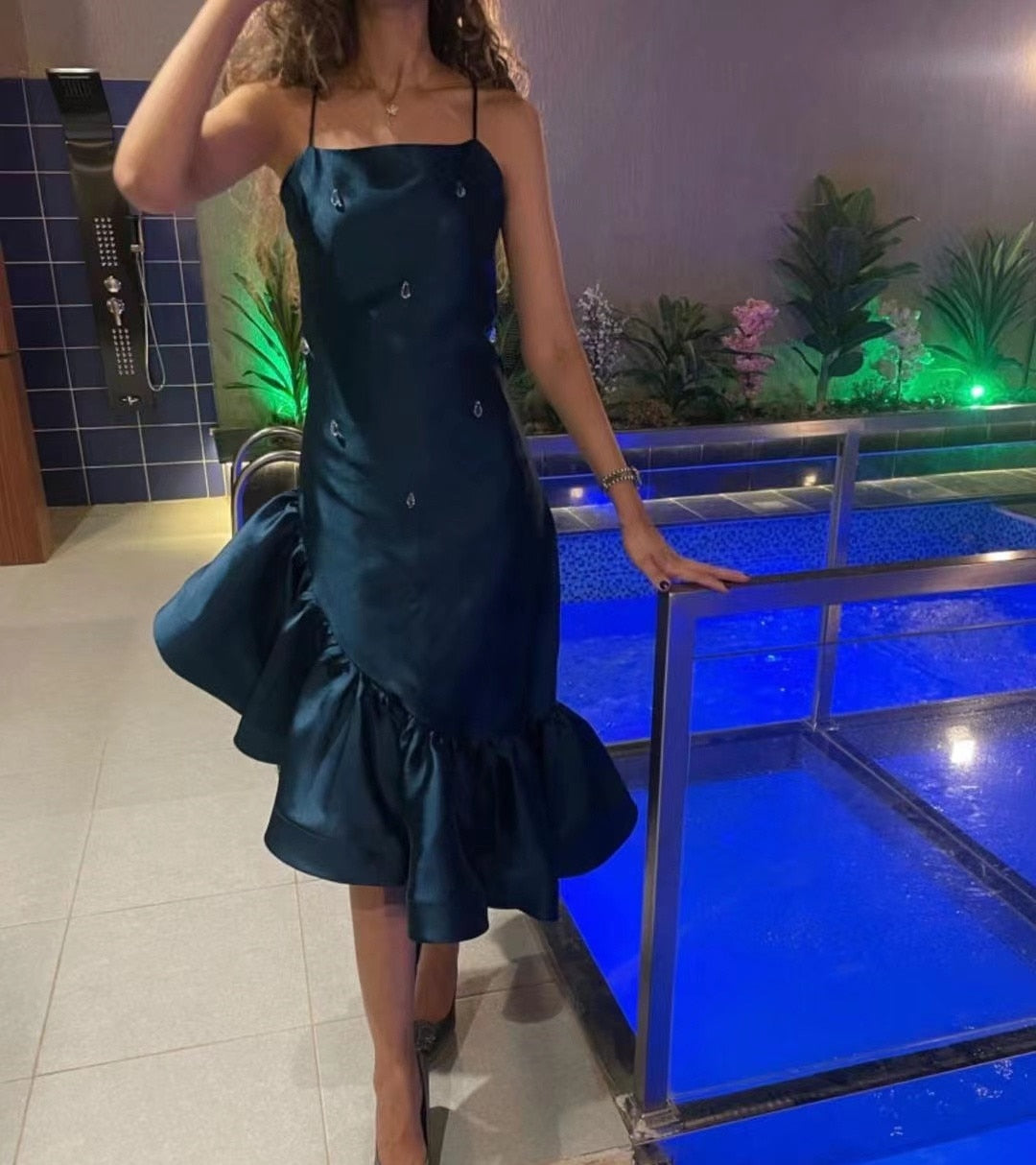 Lizakosht Short Prom Dresses Spaghetti Straps Rhinestone Bodice Cocktail Party Gowns Sleeveless Night Club Girls' Wear Dress