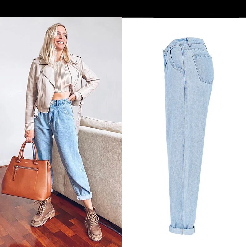 Lizakosht Spring and Autumn Fashion Cotton Jeans Women 2023 New High Waist Blue Retro Harlan Washed Office Ladies Casual Jeans Women