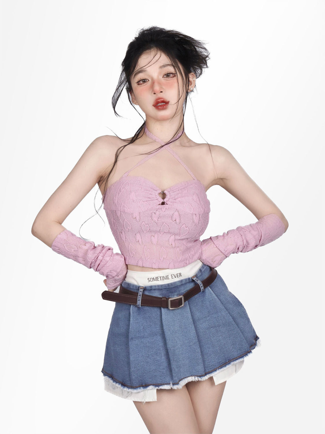 HOUZHOU Sexy Korean Denim Micro Skirt Women Summer Y2K High Waist Irregular Patchwork Fake Two-piece Belt Mini Skirt Streetwear